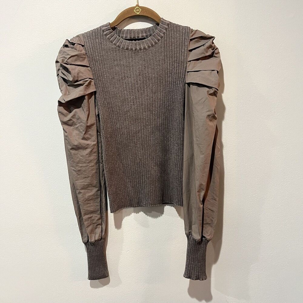 En Saison Top Women's Medium Gray Taupe Ribbed Puff Long Sleeve Pleated